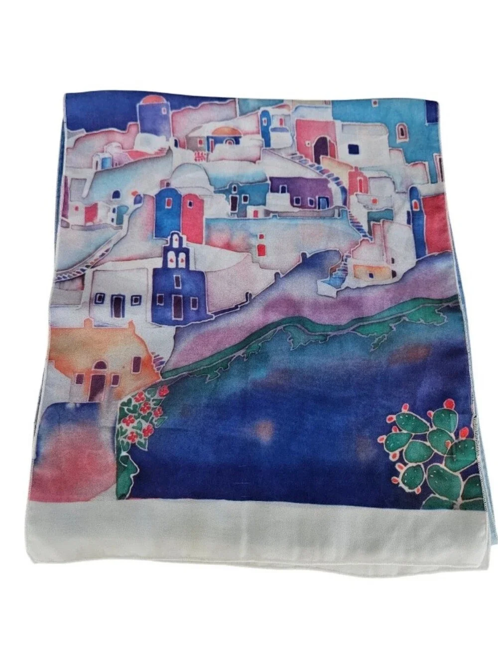 Ifasma Hand Made  Santorini Watercolor Mediterranean Village Scarf